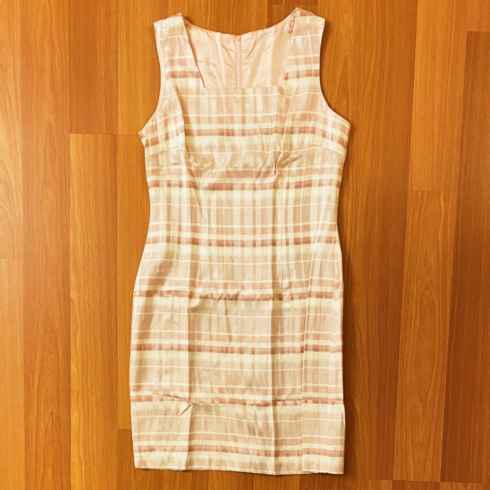 Vintage 90s shiny pink and white plaid square neck minidress